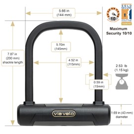 Via Velo Bike U Lock | Via Velo Elite Short U Lock 20CrMnTi Steel Anti-Theft 17mm Shackle Inside Size: 4.7 x 5.7 in Sold Secure Diamond Approval for Electric Bikes, Scooters & Folding Bikes