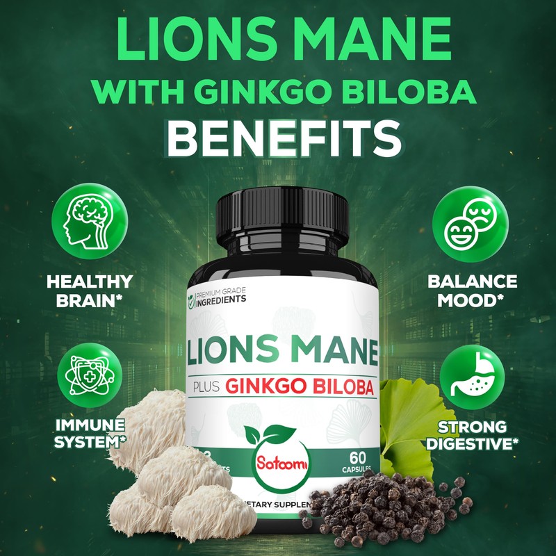Satoomi Lions Mane with Ginkgo Biloba Supplement - 60 Capsules