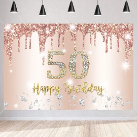 50th Birthday Decoration Women, Glitter Rose Gold Fabric Sign Poster Birthday Party Decoration, 50th Birthday Background Banner Woman