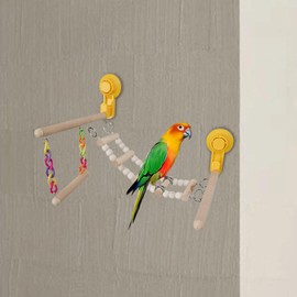 Fenteer Suction Cup Wood Perch Toy, Bird Window Bath Car Travel Perch Toys, Parrot Playstand Climbing Ladder for Lovebird