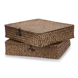 OLegei Pack of 2 Wicker Storage Baskets with Lid Basket for Shelf, Office, Kitchen, Garden (32 x 28 x 7 cm, Coffee)