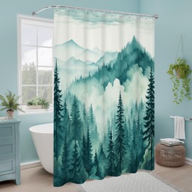 Litabel Teal Blue Misty Pine Forest Shower Curtain, Mountain Foggy Woodland Scenery Tree Shower Curtains for Chic Rustic Bathroom, Turquoise Abstract Waterproof Nature-Themed Decor, 72x72 Inches
