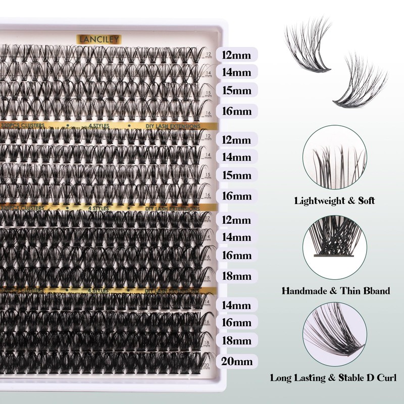 Lash Clusters 320PCS 12-20MM 30D+40D+80D+100D DIY Eyelash Extensions Kit Fluffy