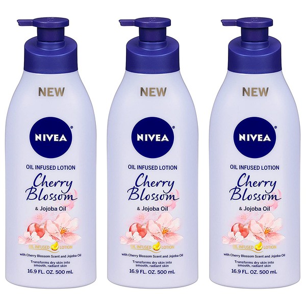 Nivea Oil Infused Body Lotion - Cherry Blossom & Jojoba Oil - Net Wt. 16.9 FL OZ (500 mL) Per Bottle - Pack of 3 Bottles