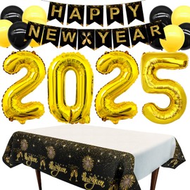 13pcs New Years Eve Party Decorations 2025, New Years Eve Party Supplies with Gold 2025 Foil Balloons, Happy New Year Banner, Black and Gold Balloons Party Decorations