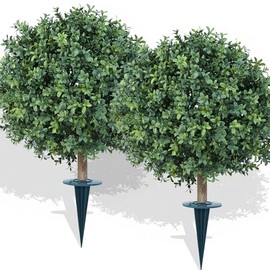 Tnouse 26" Artificial Topiary Ball Bush with Ground Spike Set of 2–Tall 2.2FT Faux Boxwood for Outdoor & Indoor Decor, Realistic Garden Sphere for Patio, Porch, Wedding