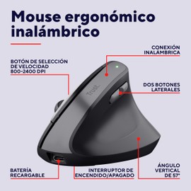 Trust Bayo II Mouse Vertical Inalámbrico Recargable – Diseño Ergonómico, Receptor USB, 6 Botones, 800-2400 dpi, 50% Plásticos Reciclados, Negro