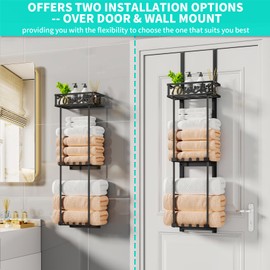 HapiRm Towel Rack Bathroom Storage - 3 Tier Over The Door & Wall Mounted Rolled Towel Racks Holder Organizer with Metal Shelf and 6 Hooks for Small Bathroom, Camper, Rv - Black