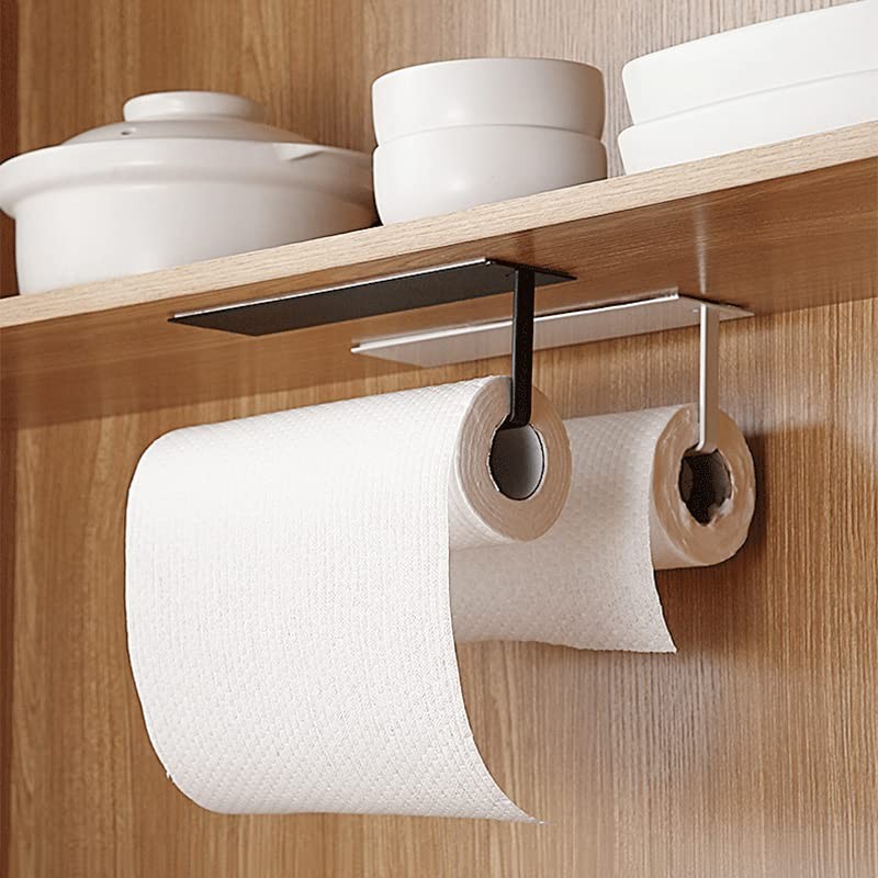 Black Paper Towel Holder, Self-Adhesive Kitchen Roll Dispenser Under Cabinet,