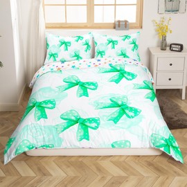 Homemissing Green Bowknot Duvet Cover Set Double Size For Kids Girls Teens Bedroom Cute Coquette Bow Bedding Set Rose Bow Ribbon Comforter Cover with 2 Pillowcases