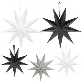 Folding Star Christmas, 9 Pointed Paper Folding Stars, Pack of 5 Paper Stars for Hanging, Black, White, Grey, 2 x 45 cm + 3 x 30 cm, Paper Christmas Star Decoration for Window, Advent Christmas Tree,