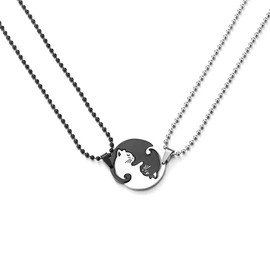 COOLSTEELANDBEYOND A Pair Steel Black Silver Matching Kitty Cat Friendship Pendant Necklace Lover Couples Friends(CA)