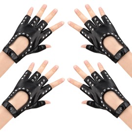 Newellsail 2 Pairs Punk Gloves Fingerless Women PU Leather Half Finger Gloves with Studs for Cosplay, Performance, Dance, Driving, Cycling, One Size (Black), black