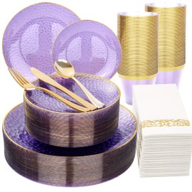 DaYammi 175 Pcs Plastic Dinnerware Set (25 Guests), Clear Purple and Gold Plastic Plates, Hammered Party Plates Include Dinner Platos, Dessert Platos, Cups, Gold Cutlery Set And Napkins for Party