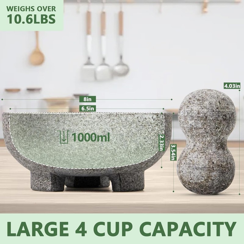 Luvan Large Mortar and Pestle Set,4 Cups Unpolished Granite Natural