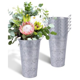 12 Inch Galvanized Metal Vases for Flowers - 6 Pcs Farmhouse Decorative Tall Flower Bucket with Handles, Rustic French Tin Planter Buckets for Wedding Decor (Silver)