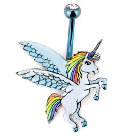 Pierce2GO Piercing para ombligo de acero inoxidable 316L, color azul, anodizado, pegaso, arcoíris, unicornio, Acero inoxidable