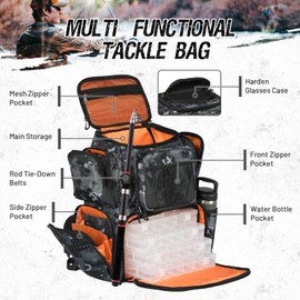 X Strike Fishing Tackle Backpack, 48L Large Fishing Bag with Rod Holders, 4 Tackle Box and Protective Rain Cover, Waterproof Tackle Storage Bag for Fishing, Camping, Hiking, Hunting.