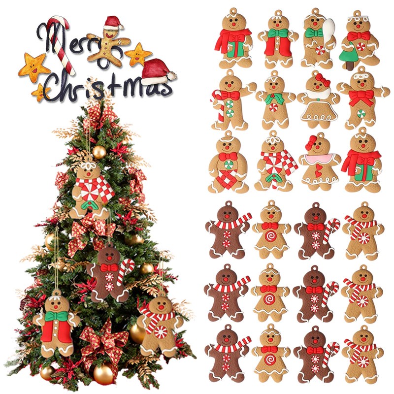 Gingerbread Christmas Tree Decorations, 12 Pieces Traditional Ginger Man Clay