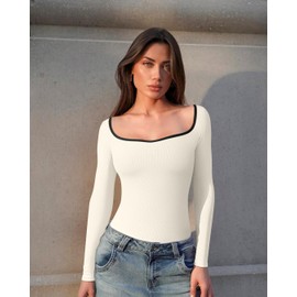 OQQ Women Bodysuit Contrast-Trim Square Neck Long Sleeve Stretch Bodysuit Tops Beige