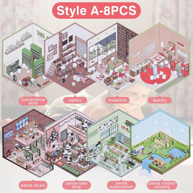 Mayoii 8 Sets DIY 3D House Stickers,Fun DIY Stickers Scene