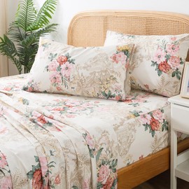Zusbest- Full Sheets, Soft 100% Cotton Pink & Cream Floral Bed Sheets, Shabby Vintage Chic Peony Flower Printed Sheets, Breathable Luxury Bedding 4 Piece Deep Pocket Sheets