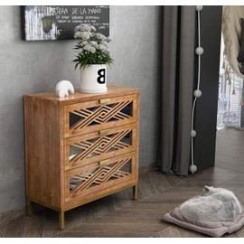 LONYKE Accent Dresser, 3-Drawer Wooden Cabinet with Mirror Fronts, Modern Farmhouse Accent Chest Clean-Lined Silhouette