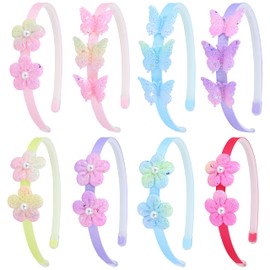 Dizila 8 Pieces Sparkly Sequin Butterfly Flower Headbands Floral Plastic Thin Hair Hoops Bands Accessories for Toddler Girls Kids Teens Women