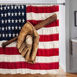 DYNH Baseball Shower Curtains, Baseball Bat Glove on a Vintage American Flag Bath Curtain, Waterproof Polyester Fabric Bathroom Curtain with 12 Hooks, 69X70 Inches