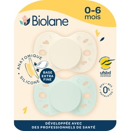 BIOLANE - Anatomical teat - Extra thin dummy - 0-6 months - Green and beige - Flat and reversible nipple - Optimal comfort - Respect for mouth development - Safe and durable