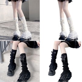 QIXIAMO Japanese Women Twist Cable Knit Bowknot Leg Warmer Socks Princess Tiered Ruffled Lace Leg Cover Stockings, 50cm, Black