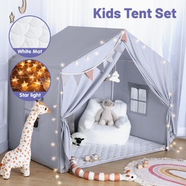 Sisticker Kids Play Tent Indoor - with Mat, Star Lights - Large Toddler Playhouse Indoor for Playroom Bed Tent for Bedroom Inside Toys for Girls Boys Birthday Gifts