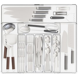 Clear Expandable Silverware Organizers for Kitchen Drawers,Large BPA Free Cutlery Organizer in Drawer,Plastic Utensil Drawer Organizer Suitable as Flatware,Knife,Fork,Spoon,Silverware Holder and Tray