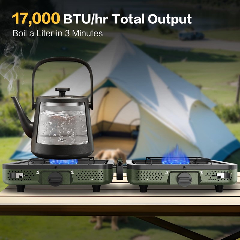 Camping Stove, 2 Burner Propane Stove With Grill,17,000 BTU Camp