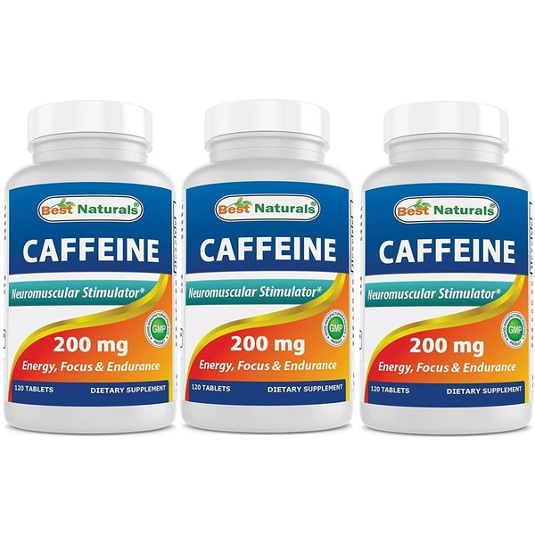 3 Pack Best Naturals Caffeine Pills 200mg Tablets - Non Habit - Proven No Crash or Jitters - Total 360 Tablets