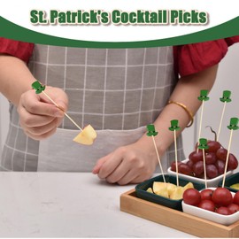 100pcs Hat Cocktail Picks, 4.7 Inch Long Green Bamboo Food Picks Toothpicks Skewers for Appetizer Drinks Cupcake Fruit Sticks St Patrick's Day Party Decoration (Green Hat)