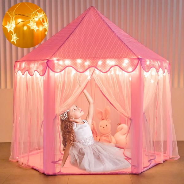 Moncoland Princess Castle Girls Play Tent Toy, Kids Large Fairy Playhouse Tent with Star Lights, Gift for Children Toddlers Indoor and Outdoor Games