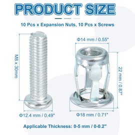 PATIKIL Expansion Screw Petal Nuts M8 x 30mm, 10 Pcs Jack Nut Carbon Steel Petal Shape Rivet Nut Insert Nuts Fasteners with Screws Assembly for Hollow Wall Thin Soft Wall Iron Skin