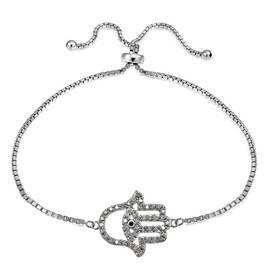Hoops & Loops - Pulsera de Plata de Ley con circonita cúbica Negra y Ojo Turco de Hamsa, Ajustable, Deslizante