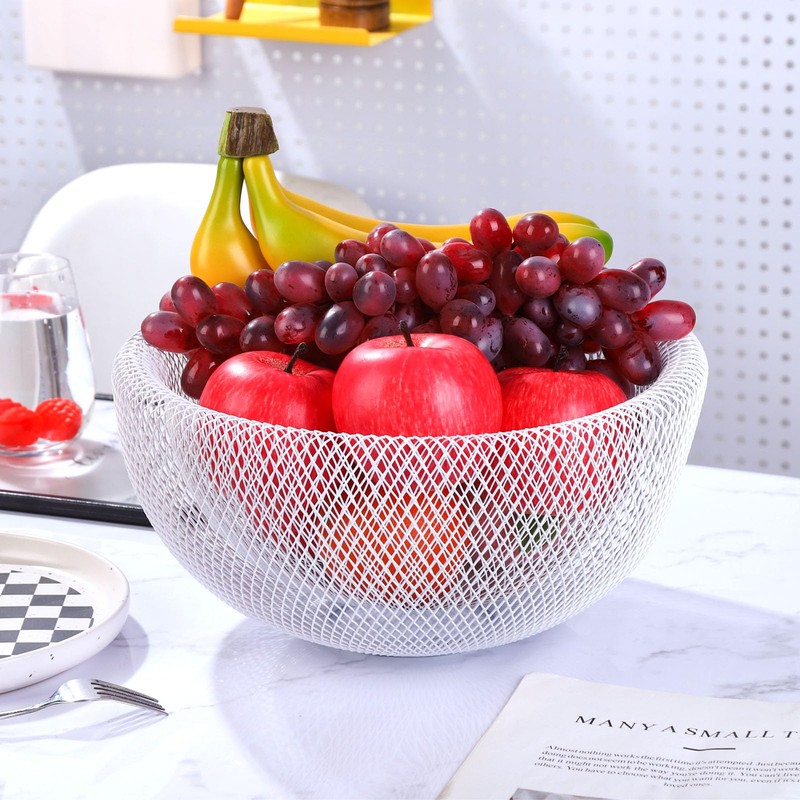 IBWell White Metal Mesh Double-layer Fruit Basket, Large Round Storage