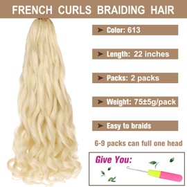 COOKOO 22 Inch French Curl Crochet Braids 2 Packs Soft Bouncy Braids Hair 75g/pack Loose Wavy Texture Pre-stretched Braiding Hair Extensions for Spanish Curls Senegalese Twist Hair 613#