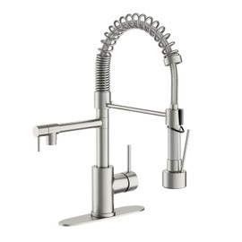 Dual Spout Kitchen Faucet with Pull Down Sprayer, Brushed Nickel Stainless Steel Commercial Sink Faucet with Pot Filler, Single Handle, 1 or 3 Hole Install, for Farmhouse RV Laundry Utility Wet Bar