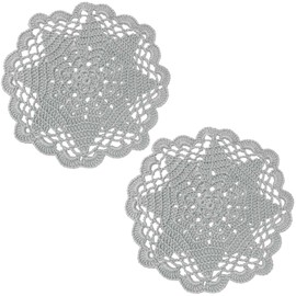 BIBITIME Handmade Crochet Round Lace Doilies Kitchen Table Placemats Wedding Tea Flower Vase Cup Mats (6" to 7",Pack of 2PCS, Light Grey)