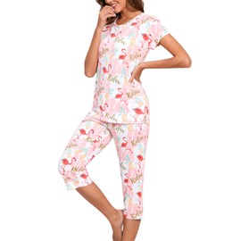 PNAEONG Women Pajama Set Sleepwear Tops with Capri Pants Casual and Fun Prints Pajama Sets Pink Flamingo XL