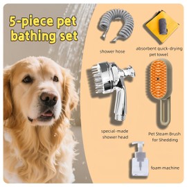 Pet Bathing Set​​ with ​​Steam Brush for Shedding​​ – 5-Piece Kit: ​​Shower Head​​, ​​Shower Hose​​, ​​Foam Maker​​, ​​Pet Towel​​ & ​​Cat Brush​​ for Pets (Gift Box)