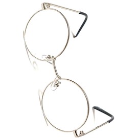 Bliss Leather Round Glasses, Date Glasses, Fashionable Glasses, Unisex, Clear Lens, No Degree, Eye Friendly, Lightweight, Silver × clear