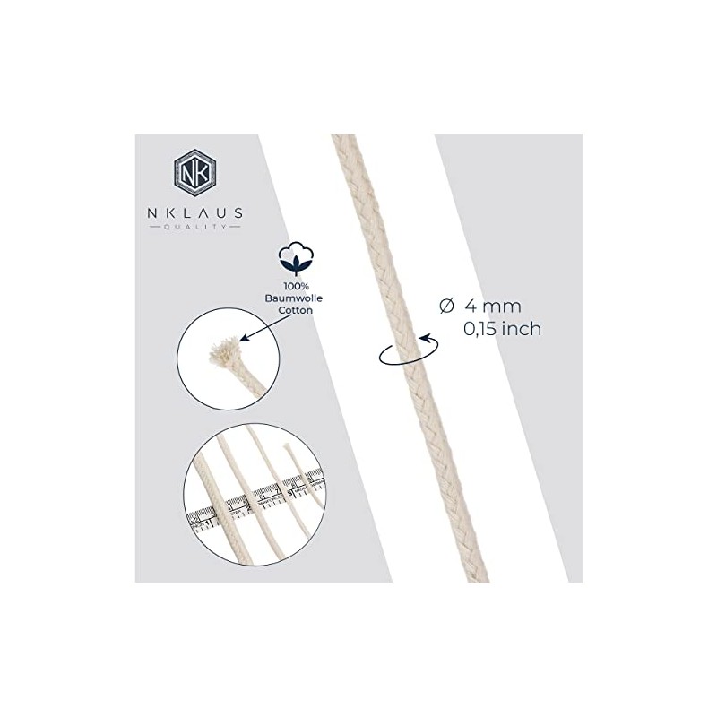 NKlaus 1 Metre Round Wick 100% Pure Cotton 6.0 mm