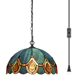 HWDFEI Tiffany Pendant Light Plug in Stained Glass Hanging lamp 12X12X181 Inch Hanging Lamp Living Room Bedroom Kitchen Dining Room Office（Peacock Crystal Style