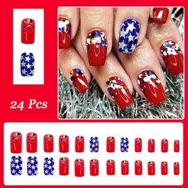 24Pcs 4th of July Press on Nails Medium Square Fake Nails with Star Designs Independence Day Patriotic False Nails Red Blue White Acrylic Nails Gradient Glitter Glue on Nails for Women Nail Supplies