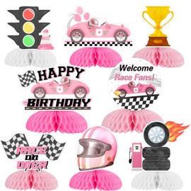 Pink Racing Car Birthday Party Decorations for Girls - 8PCS Race Car Honeycomb Centerpieces, Vintage Retro Let's Go Racing, Race on Over Welcome Race Fans Birthday Party Decorations